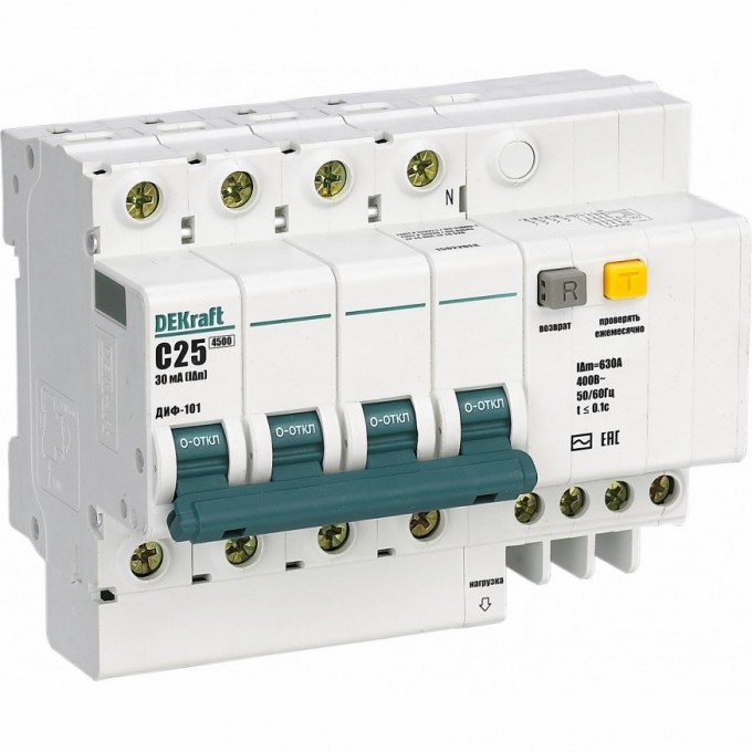 Дифференциальный автоматический выключатель SCHNEIDER ELECTRIC DEKRAFT 3P+N 25А 30мА тип AC х-ка C ДИФ-101 4,5кА 15186DEK Дифференциальный автоматический выключатель SCHNEIDER ELECTRIC DEKRAFT 3P+N 25А 30мА тип AC х-ка C ДИФ-101 4,5кА 15186DEK